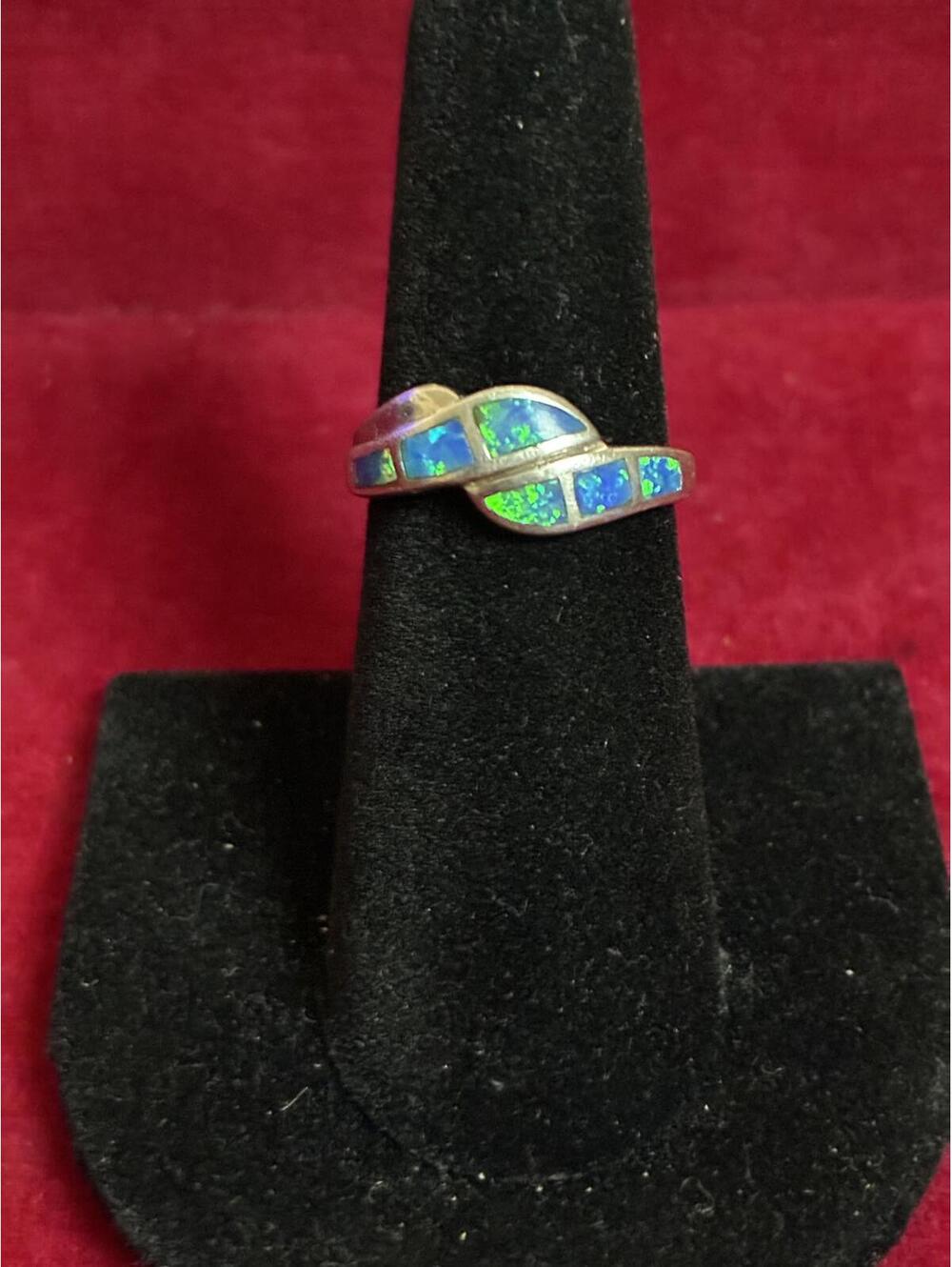 Sterling Silver Blue Fire Opal Inlay Crossover Ring Size 6.25